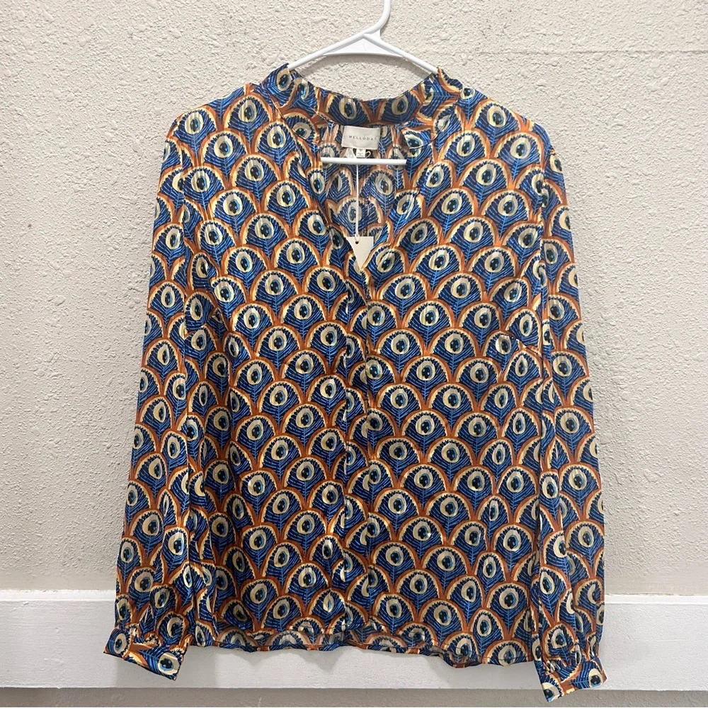 MELLODAY Peacock Semi-Sheer Button Down Blouse NWT M